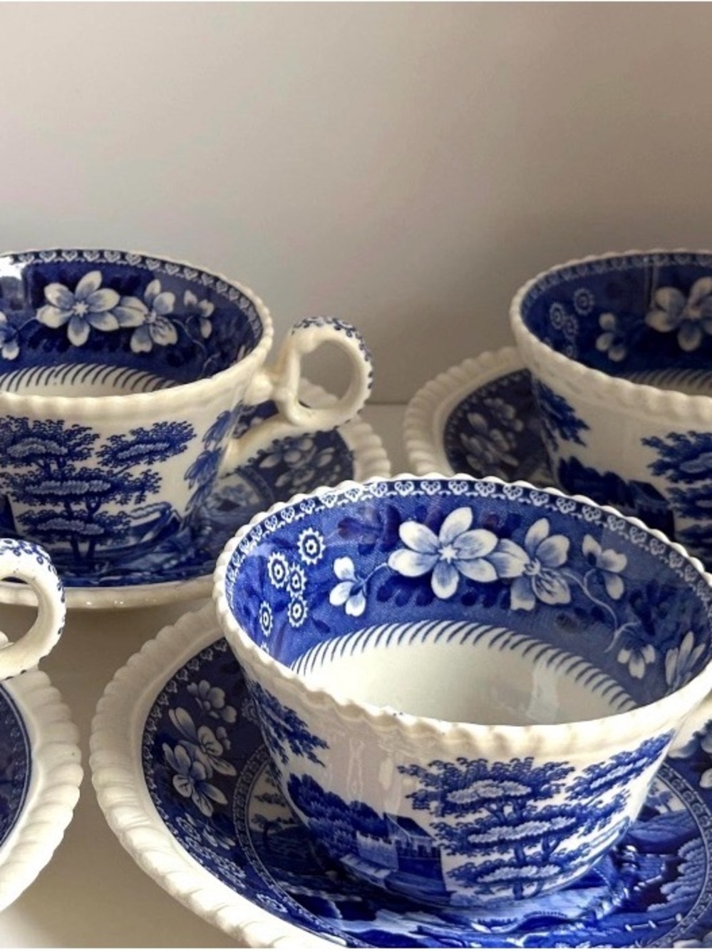 Blue & White Floral Scenic Teacup and Saucer Set of 6